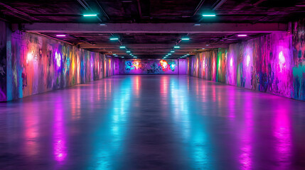 Poster - Graffiti Lined Tunnel with Reflective Floor and Fluorescent Lights Creating a Cyberpunk Aesthetic
