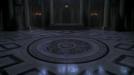 Poster - Grand Hall Interior with Intricate Floor Design and Classical Architectural Elements in Dim Light