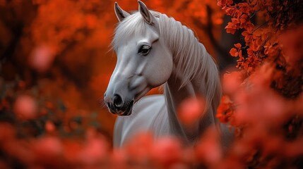 Canvas Print - Majestic white horse in autumnal forest