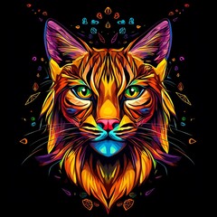 Poster - Vibrant stylized cat portrait on black background