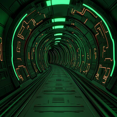 Poster - Green Lit Futuristic Railway Tunnel