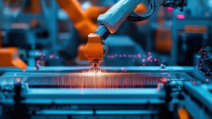 Poster - Advanced Robotic Arm Skillfully Manipulating Metallic Surface in High-Tech Workshop Environment Showcasing Innovation and Precision in Modern Manufacturing