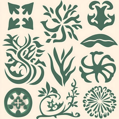 Poster - Green Shapes and Abstract Floral Ornaments Collection Decorative Botanical Elements Vector Graphic Design