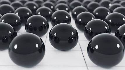 Poster - Group of Spherical Black Geometric Shapes Reflective Surface Digital Art Render on White Tiled Floor