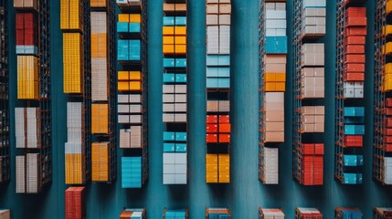 Poster - Spacious Industrial Warehouse Interior with Stacked Boxes in Organized Rows Creating a Productive and Efficient Storage Environment for Logistics