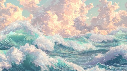 Poster - Hyper-realistic seamless floating cloud texture, intricate wave formations in pastel tones.