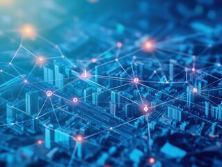 Poster - Futuristic Cityscape with Interconnected Lines and Dots Representing Technology and Innovation in a Vibrant Urban Environment at Night
