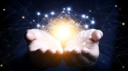 Poster - Hands Holding Glowing Network Connection Visual Representation of Connectivity Technology