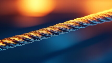 Wall Mural - Close-up of a twisted metallic rope reflecting warm and cool color in a blurred background