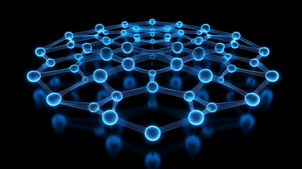 Poster - Hexagonal Atomic Structure with Glowing Blue Spheres and Reflective Surface on Black Background