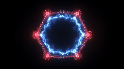 Wall Mural - hexagonal portal frame effect with blue lightning and red accents on black background sci fi theme