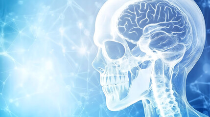 Poster - Human Anatomy Skull and Brain X Ray Illustration on a Blue Scientific Plexus Background