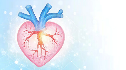 Poster - Human Heart Anatomy Wireframe Model Diagram Visualization on Abstract Network Background Design