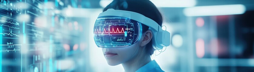 Poster - Woman Engaged in Immersive Virtual Reality Experience Wearing Headset in Modern Room Surrounded by Futuristic Technology and Dynamic Lighting Effects