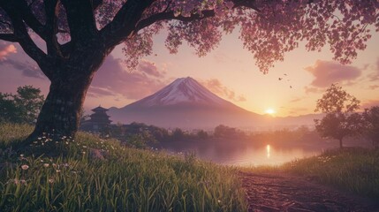 Poster - Realistic 3D Mount Fuji, glowing pink under the first light of dawn