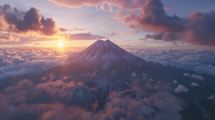 Poster - Realistic 3D Mount Fuji, glowing pink under the first light of dawn