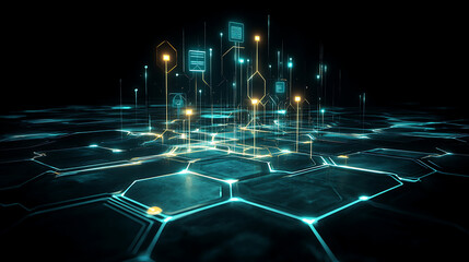 Poster - Illuminated Hexagon Network with Data Flowing Over Digital Landscape Sci Fi Technology Backdrop