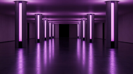 Poster - Illuminated Purple Pillars Reflecting in a Modern Hallway Creating a Mysterious Ambient Space