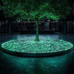 Poster - Illuminated Tree in Modern Urban Setting Night Scene With Green Glow and Contemporary Architecture