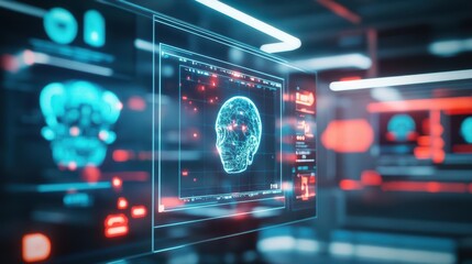 Poster - Detailed Visualization of Brain Scan on Computer Screen Showcasing Intricate Neural Patterns and Structures in a Modern Medical Examination Environment