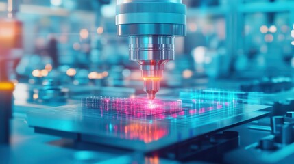 Poster - Intricate Microscope Illuminated by Red Light Creating a Scientific Atmosphere Ideal for Research and Exploration in a Laboratory Setting