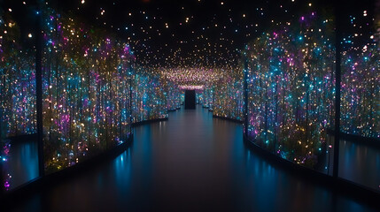Poster - Infinity Mirror Room with Colorful Sparkling Lights Displaying Artistic Illusion Hallway Art