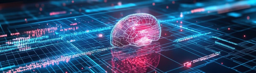 Poster - Intricate Brain Embedded in a Futuristic Digital Interface with Vivid Colors and Complex Patterns Representing Advanced Technology and Intelligence