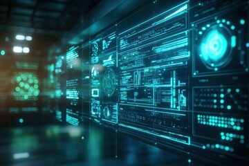 Poster - Futuristic Digital Interface with Glowing Blue Background Illuminating Complex Data and Technology Creating a Modern and Innovative Visual Experience