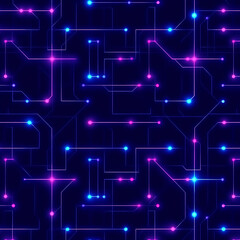 Poster - Interconnected Circuitry Network of Glowing Nodes Electronic Pattern Design Deep Blue and Purple Tones