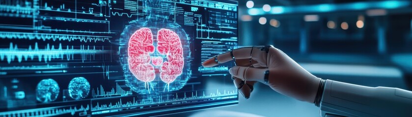 Poster - Person Interacting with Brain Scan on Computer Screen in a Modern Medical Environment Highlighting Technology and Neuroscience Innovations and Research