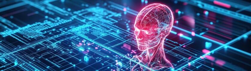 Poster - Futuristic Human Head Surrounded by Intricate Circuitry Set Against a Complex Background of Electronic Patterns and Technology Inspired Elements