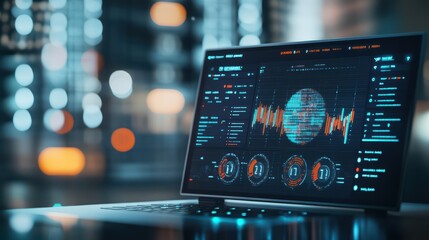 Fototapete - Modern Laptop Displaying Complex Data Visualization on Bright Screen with Sleek Design in Professional Office Environment for Business and Technology Applications
