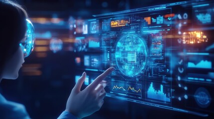  - Focused Woman in Headphones Analyzing Data on Computer Screen with Graphs in Modern Workspace Creating an Engaging and Productive Atmosphere