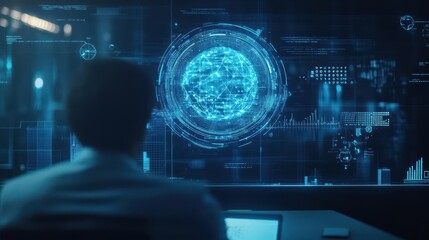 Fototapete - A Man Engaged with an Innovative Digital Display Surrounded by Advanced Technology Illustrating the Future of Human-Computer Interaction and Connectivity