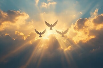Wall Mural - dove flying above three crosses, wings spread wide, soft beams of light breaking through clouds, sym