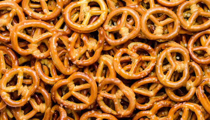Fototapete - Background filled with mini pretzels, showcasing their twisted shape and golden-brown color. Ideal for snacks, party food, or playful concepts. Texture, background.