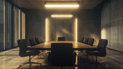 Wall Mural - Modern conference room with long wooden table and dark chairs, illuminated by warm light.