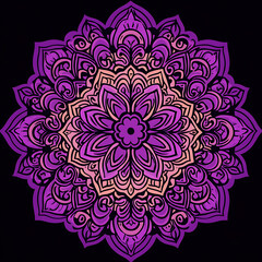 Poster - Intricate Floral Mandala Design in Violet and Peach Hues with a Dark Backdrop for Meditation Art