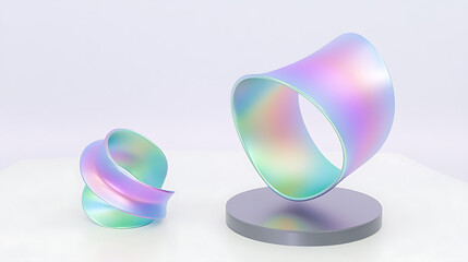 Poster - Iridescent Sculpture Display on Platform Surface and Twisted Art Piece Composition on Plain Background