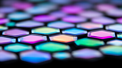 Poster - Iridescent Surface of Interlocking Hexagons Sparkling with Color Reflections in Low Light Backdrop
