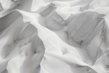 An abstract landscape featuring soft, flowing white shapes resembling snowdrifts or sand dunes, evoking a sense of calmness and tranquility in a minimalistic setting.