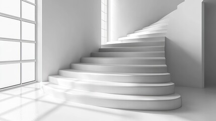modern white spiral staircase in bright room with large window