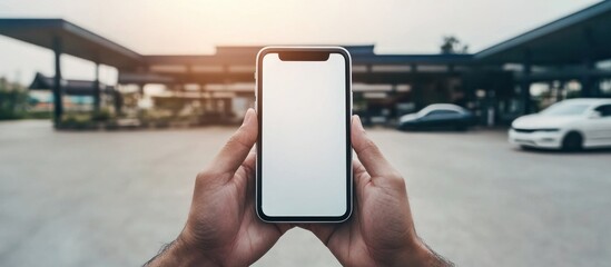 Hands hold blank phone screen; gas station background