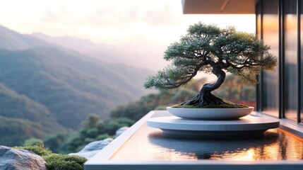 Canvas Print - Modern zen garden bonsai overlooking mountains