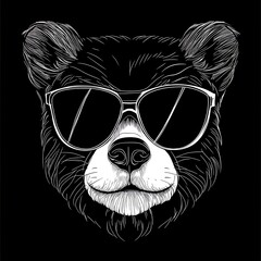Poster - Bear with sunglasses, graphic portrait, black background