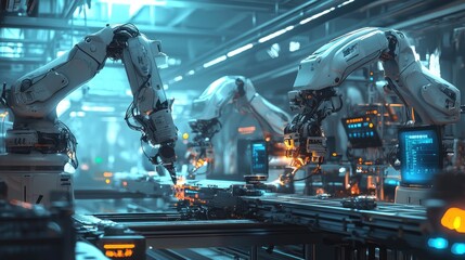 Poster - Futuristic Factory, Automated Assembly Line with Advanced Robotic Arms
