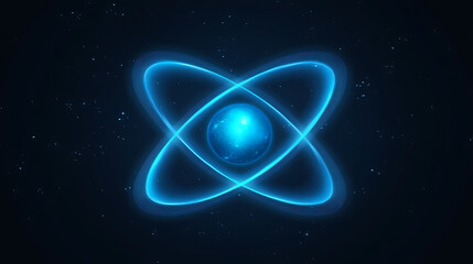 Poster - Luminous Atom Representation with Glowing Orbits on Dark Starry Background Scientific Concept Art