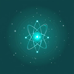 Poster - Luminous Atom Structure with Glowing Orbits and Particles in a Teal Cosmic Space Illustration