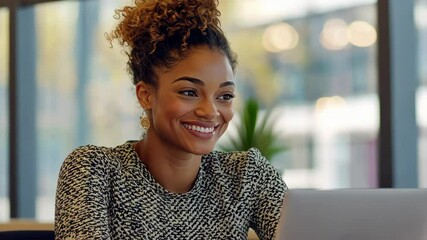 Poster - Happy Young Woman Working on Laptop in Modern Office Environment