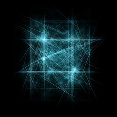 Poster - Luminous Blue Lines Intersecting on Black Backdrop Creating Abstract Geometric Pattern and Light Bursts